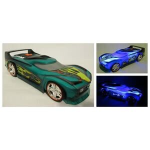 Hot Wheels Toy State 9 3/4" Hyper Racer Car Flashing Lights & Sounds Green Blue